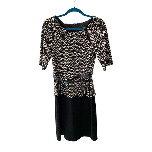 Connected Apparel Peplum Cocktail Dress Womens 10 Black/Beige Belted Knee-Length - Picture 1 of 6